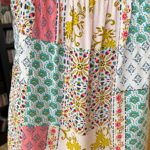 Democracy Patchwork Square-Neck Peasant Top in Pink, Green, Yellow, White - Picture 5 of 6